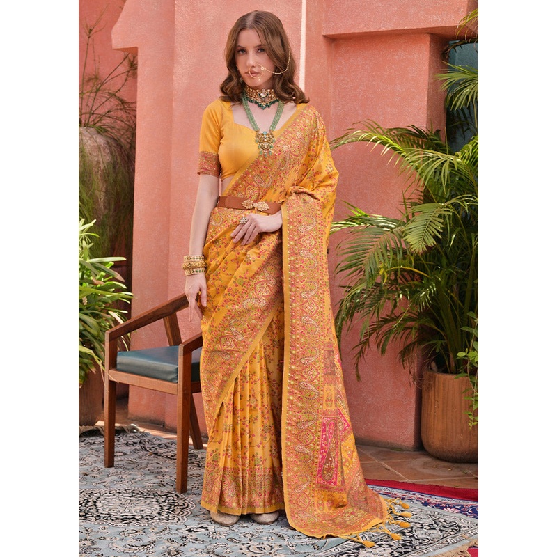 Yellow Banarasi Silk Saree With Blouse Piece - JD986612697