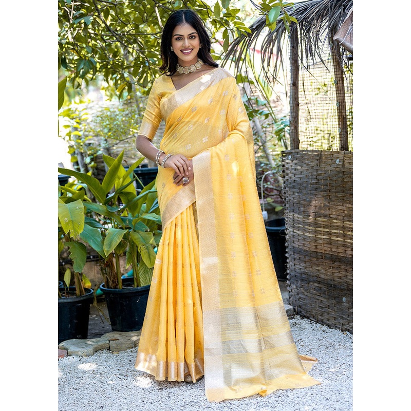 Yellow Cotton Saree With Blouse Piece - JD986612694