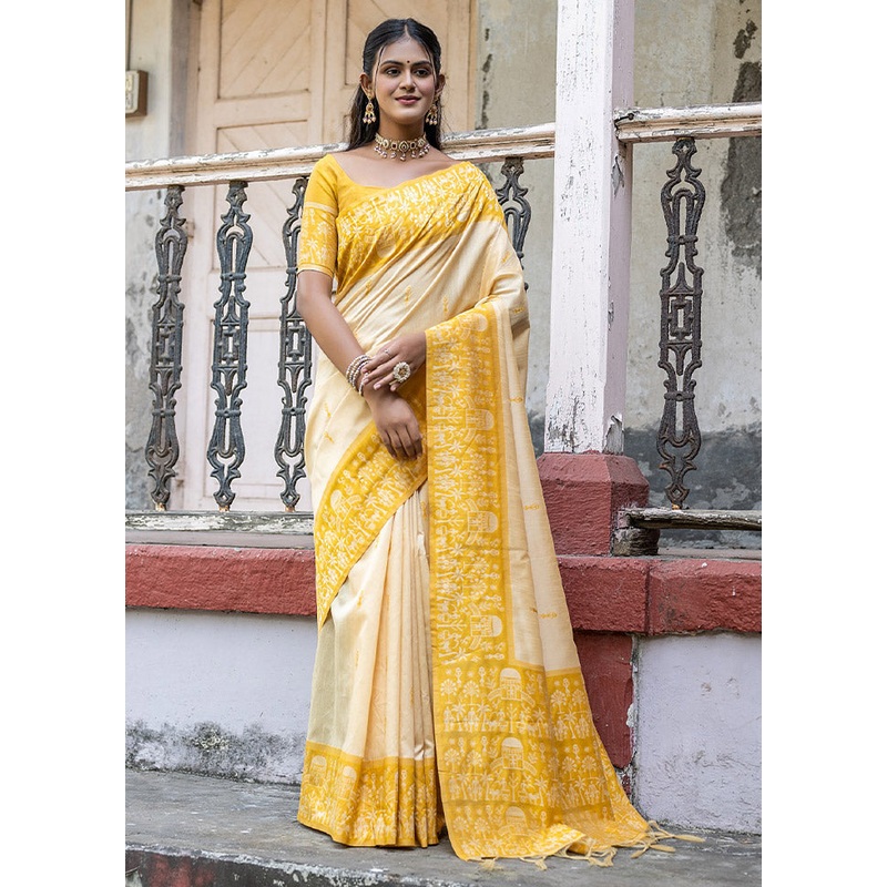 Yellow Dupion Silk Saree With Blouse Piece - JD986612690