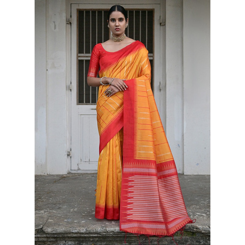 Yellow Dupion Silk Saree With Blouse Piece - JD986612692