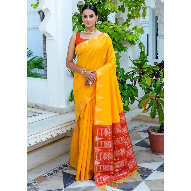 Yellow Dupion Silk Saree With Blouse Piece - JD986612849