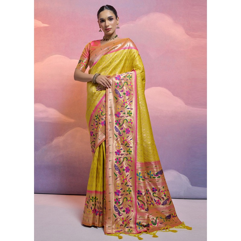 Yellow Dupion Silk Saree With Blouse Piece - JD986612850