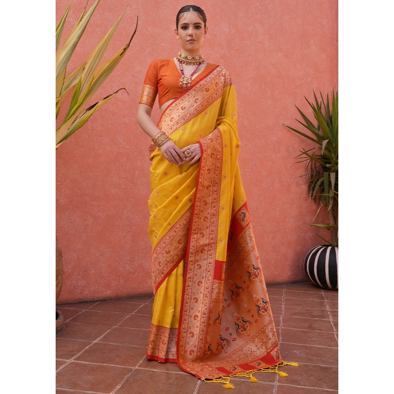 Yellow Dupion Silk Saree With Blouse Piece - JD986612851