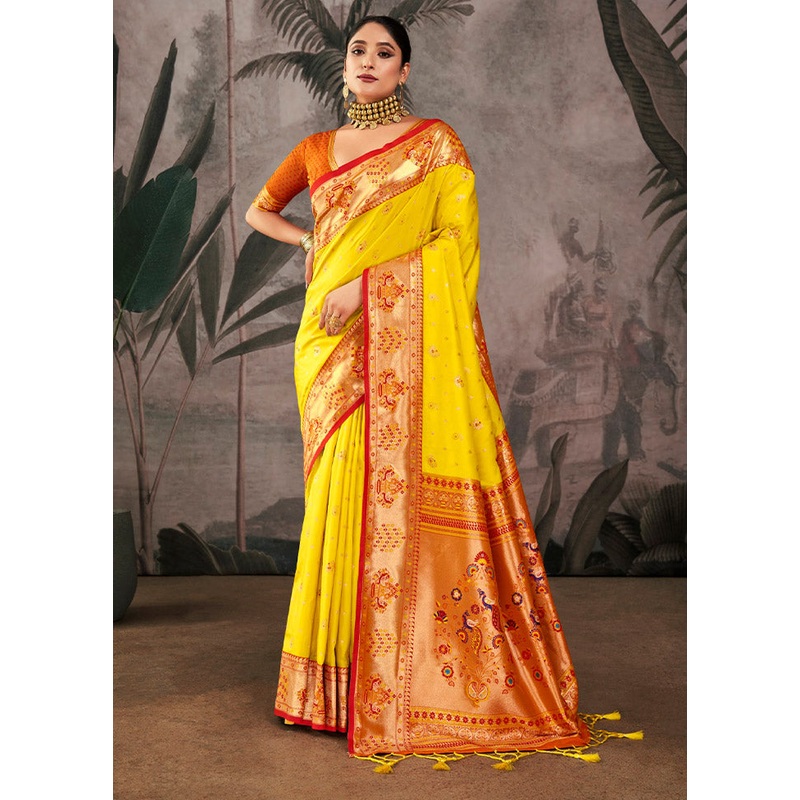 Yellow Dupion Silk Saree With Blouse Piece - JD986612852