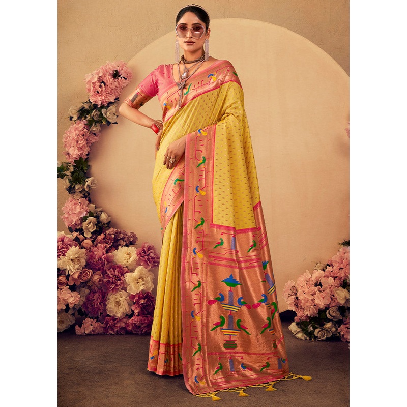 Yellow Dupion Silk Saree With Blouse Piece - JD986612853