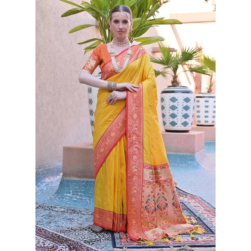 Yellow Dupion Silk Saree With Blouse Piece - JD986612854