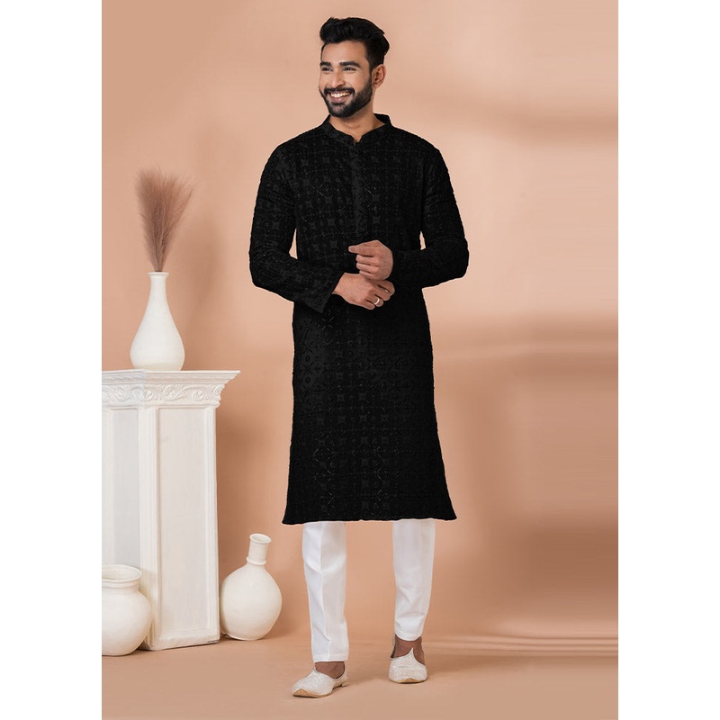2 Pc Black Georgette Kurta Pajama Set - JD986612532