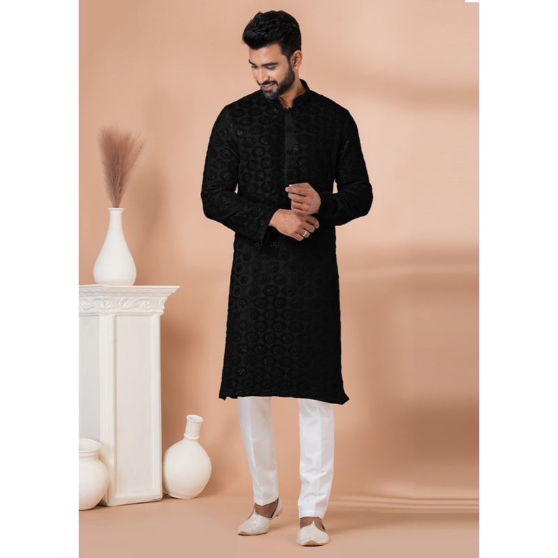 2 Pc Black Georgette Kurta Pajama Set - JD986612533