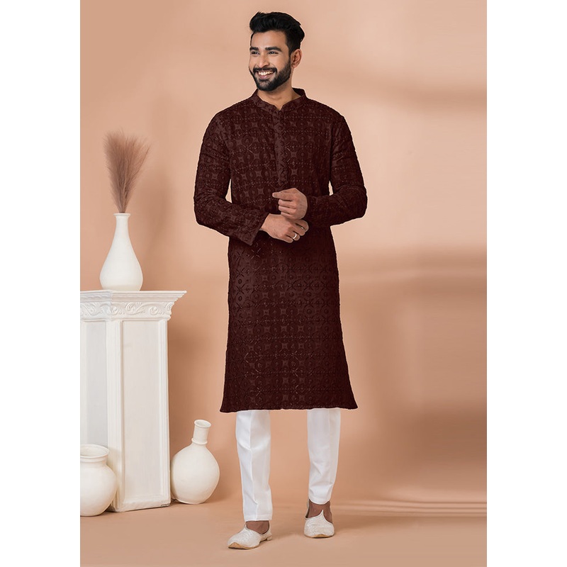 2 Pc Coffee Georgette Kurta Pajama Set - JD986612530