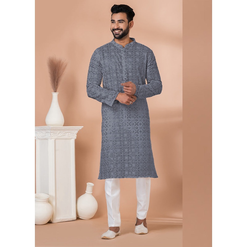 2 Pc Grey Georgette Kurta Pajama Set - JD986612528