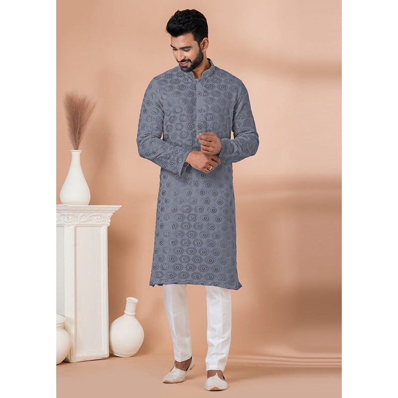 2 Pc Grey Georgette Kurta Pajama Set - JD986612529