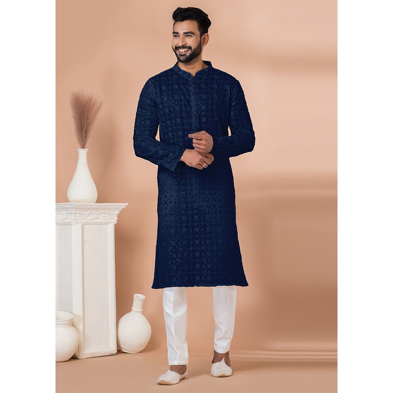 2 Pc Navy Blue Georgette Kurta Pajama Set - JD986612526