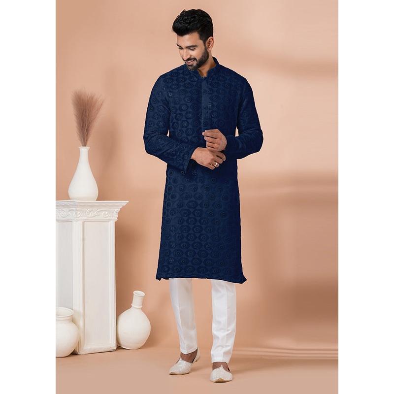 2 Pc Navy Blue Georgette Kurta Pajama Set - JD986612527