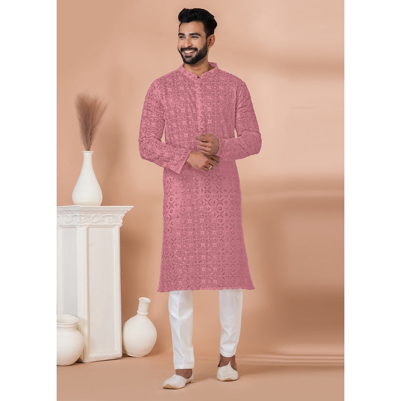 2 Pc Pink Georgette Kurta Pajama Set - JD986612522