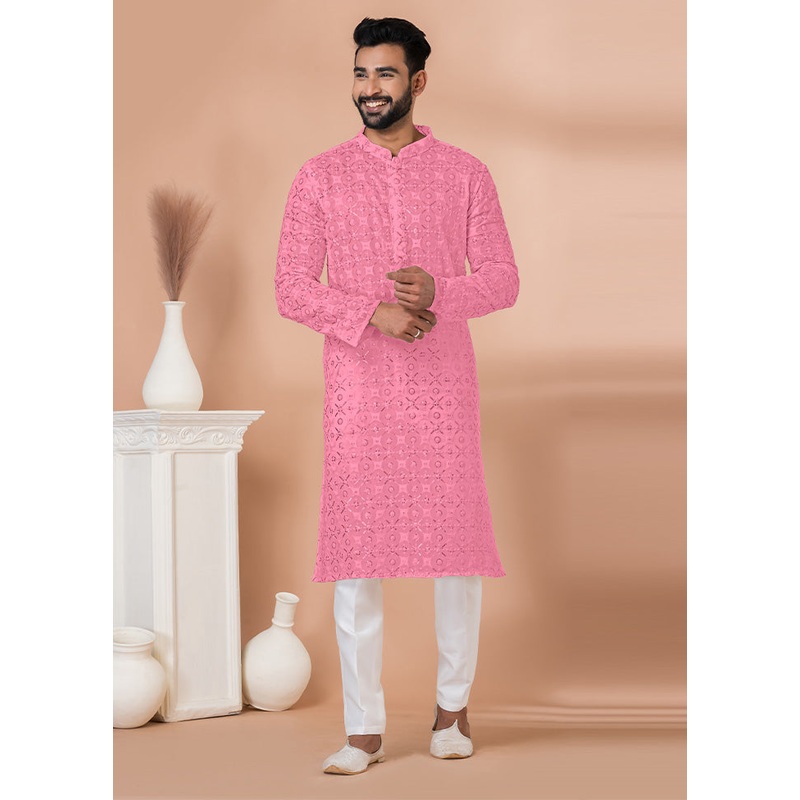 2 Pc Pink Georgette Kurta Pajama Set - JD986612523