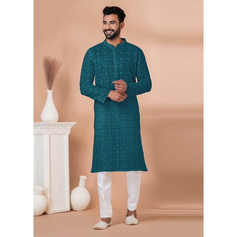 2 Pc Teal Georgette Kurta Pajama Set - JD986612518