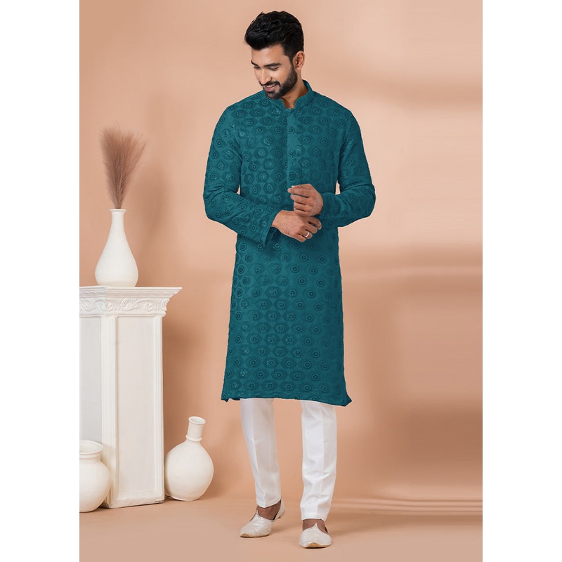 2 Pc Teal Georgette Kurta Pajama Set - JD986612519