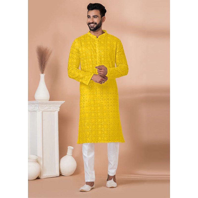 2 Pc Yellow Georgette Kurta Pajama Set - JD986612516