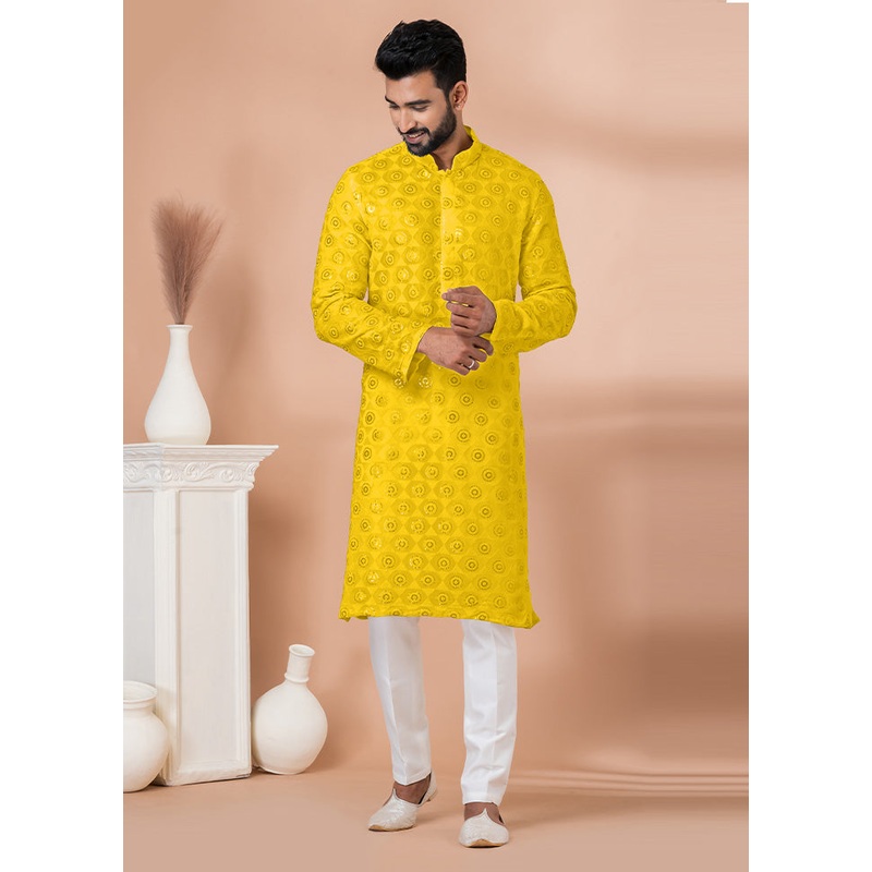 2 Pc Yellow Georgette Kurta Pajama Set - JD986612517