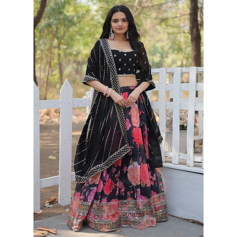 3 Pc Black Georgette Semi Stitched Lehenga Set - JD986612511