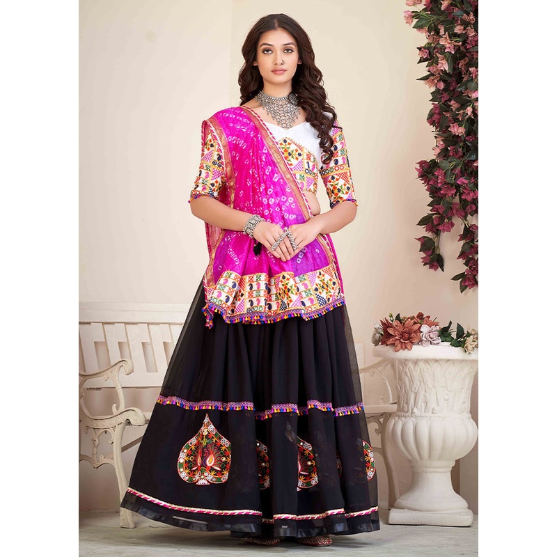 3 Pc Black Georgette Semi Stitched Lehenga Set - JD986612549