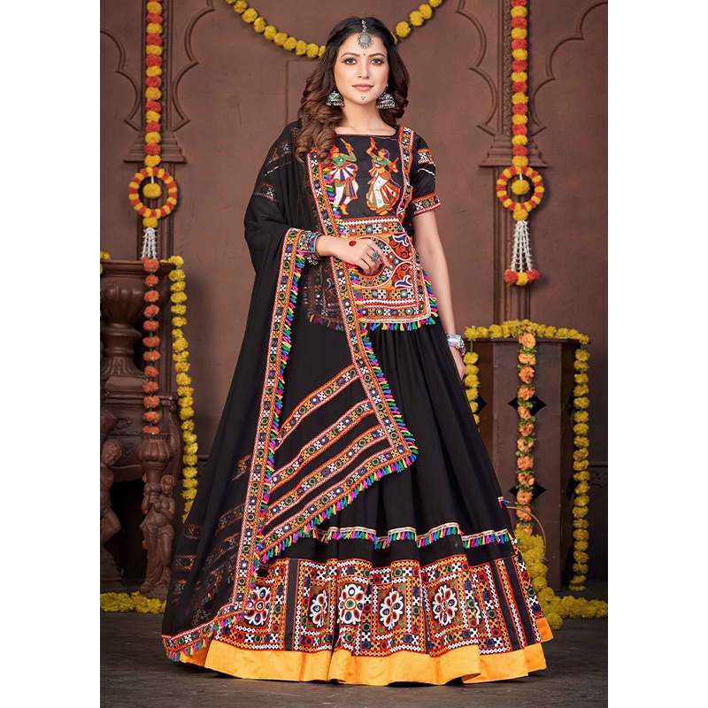 3 Pc Black Rayon Semi Stitched Lehenga Set - JD986612548