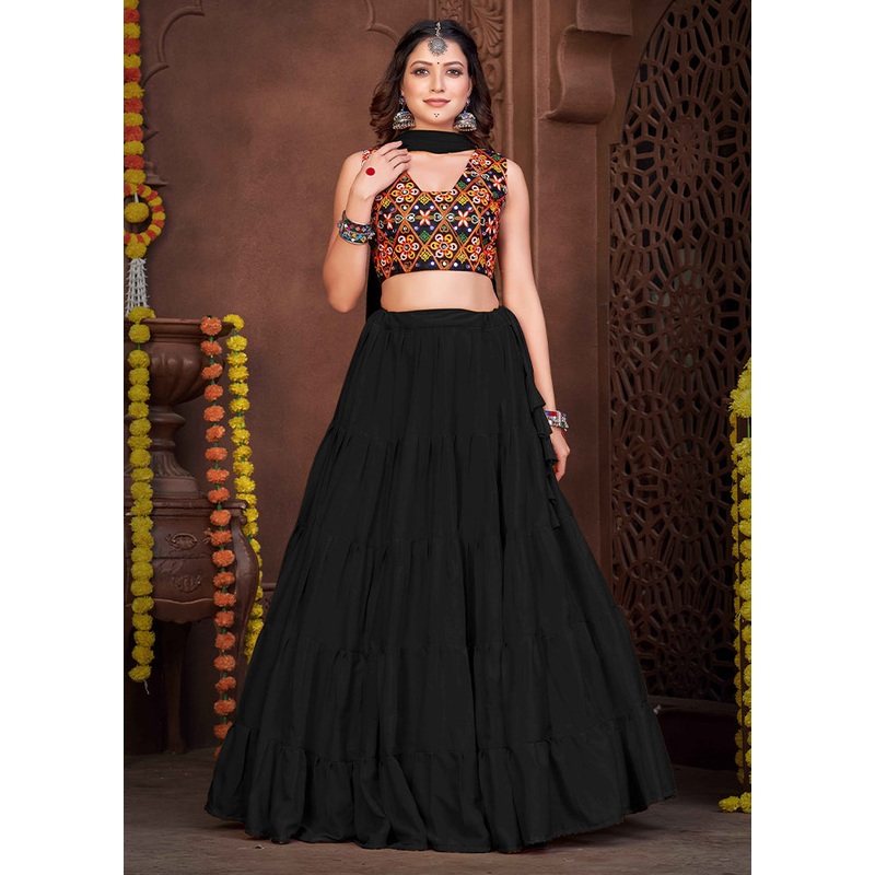 3 Pc Black Silk Semi Stitched Lehenga Set - JD986612547