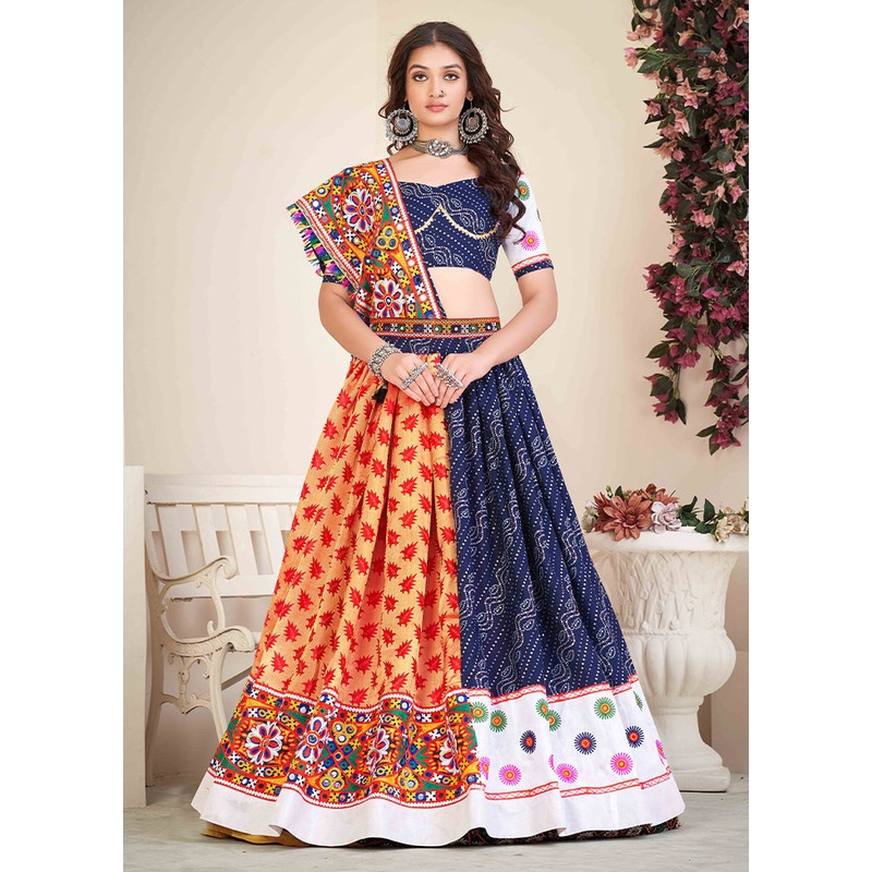 3 Pc Blue Cotton Semi Stitched Lehenga Set - JD986612546