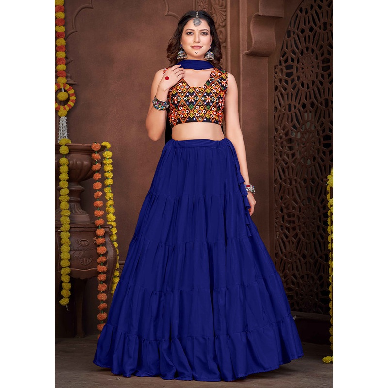 3 Pc Blue Silk Semi Stitched Lehenga Set - JD986612545