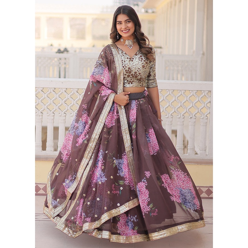 3 Pc Coffee Silk Semi Stitched Lehenga Set - JD986612510