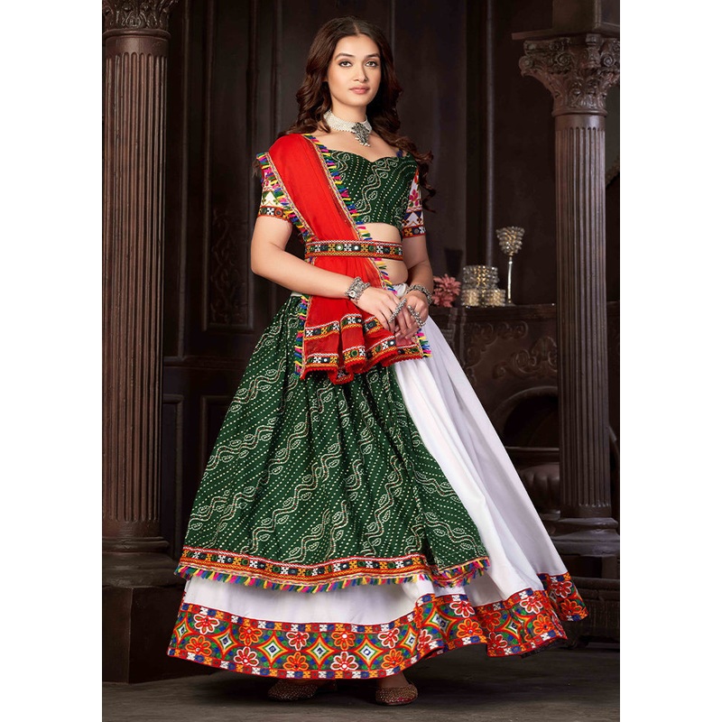3 Pc Green Silk Semi Stitched Lehenga Set - JD986612539