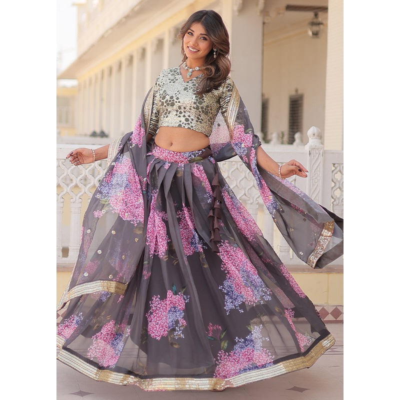 3 Pc Grey Silk Semi Stitched Lehenga Set - JD986612509