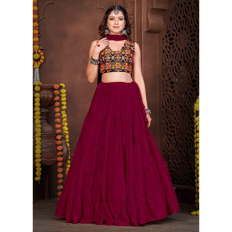 3 Pc Maroon Silk Semi Stitched Lehenga Set - JD986612542