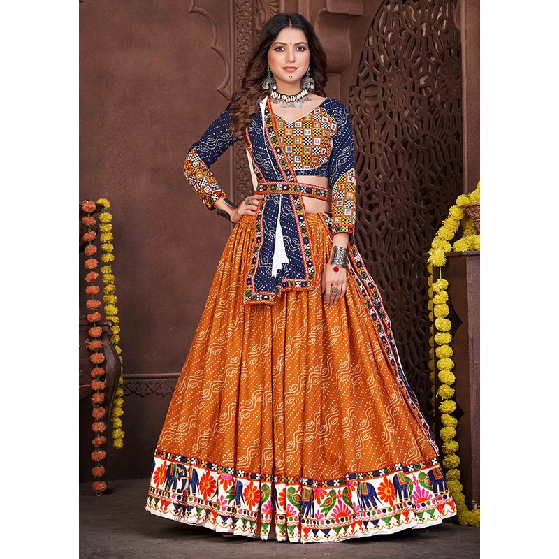 3 Pc Mustard Cotton Semi Stitched Lehenga Set - JD986612538