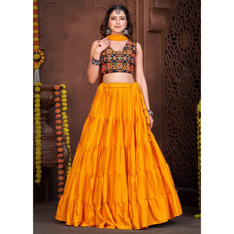3 Pc Mustard Silk Semi Stitched Lehenga Set - JD986612537