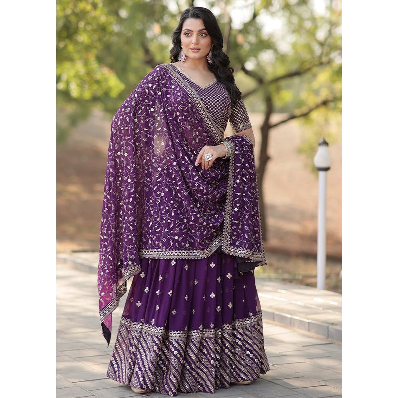3 Pc Navy Blue Georgette Semi Stitched Lehenga Set - JD986612508