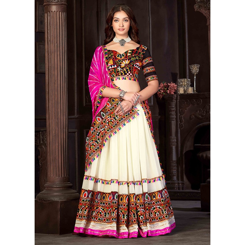 3 Pc Off White Georgette Semi Stitched Lehenga Set - JD986612536