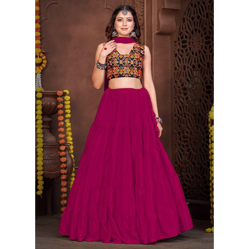 3 Pc Pink Silk Semi Stitched Lehenga Set - JD986612535