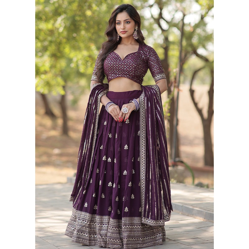 3 Pc Purple Georgette Semi Stitched Lehenga Set - JD986612507