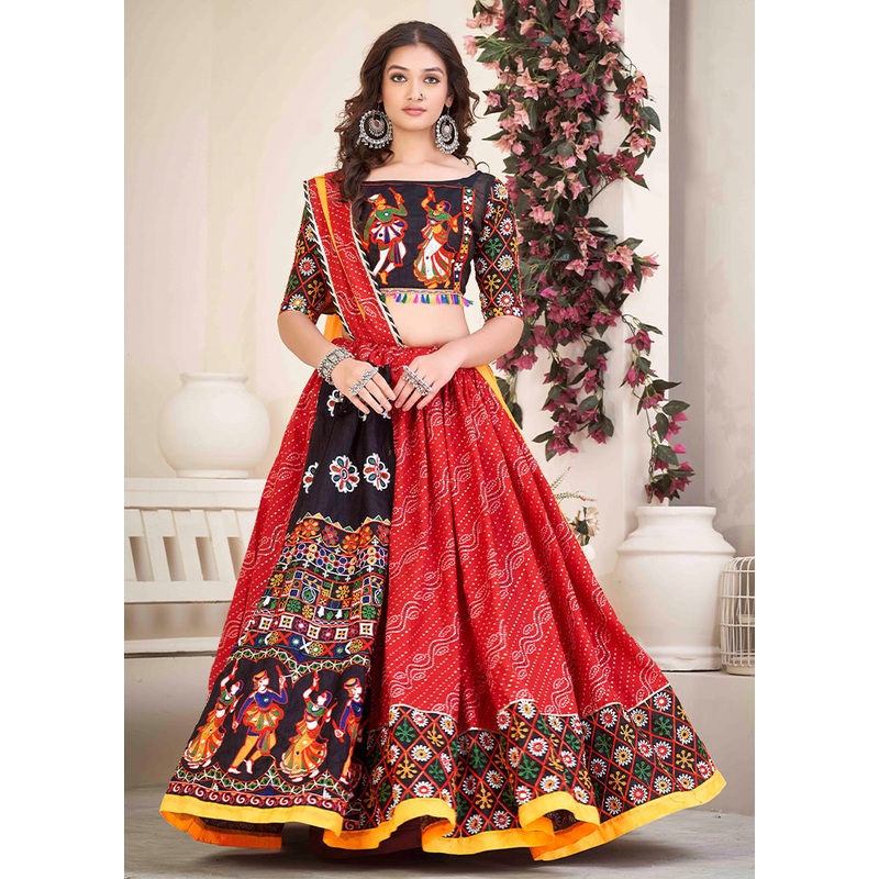 3 Pc Red Cotton Semi Stitched Lehenga Set - JD986612541
