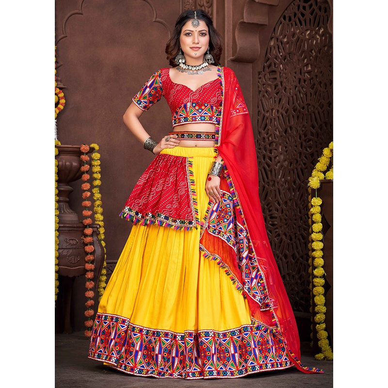 3 Pc Red Georgette Semi Stitched Lehenga Set - JD986612534
