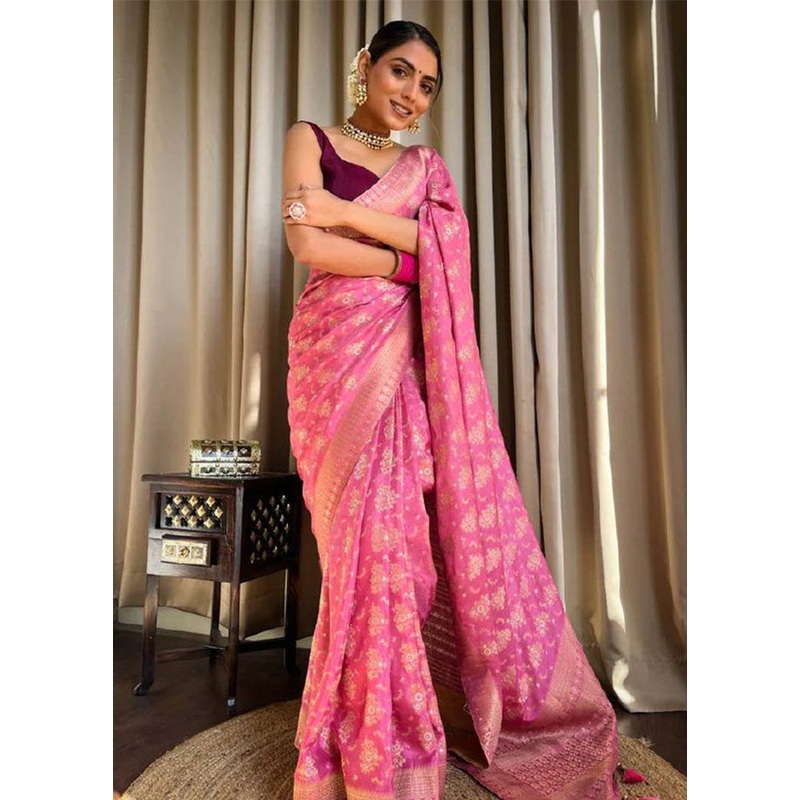 Baby Pink Banarasi Silk Saree With Blouse Piece - JD986612588