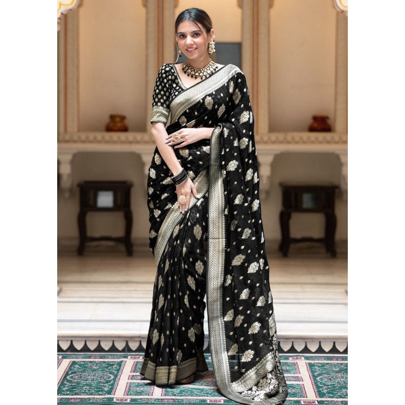 Black Banarasi Silk Saree With Blouse Piece - JD986612586