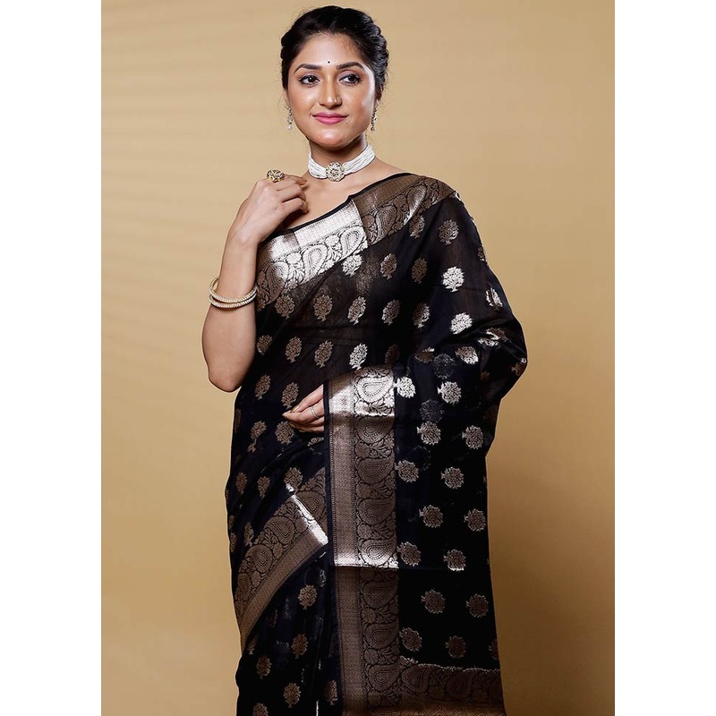 Black Cotton Saree With Blouse Piece - JD986612685