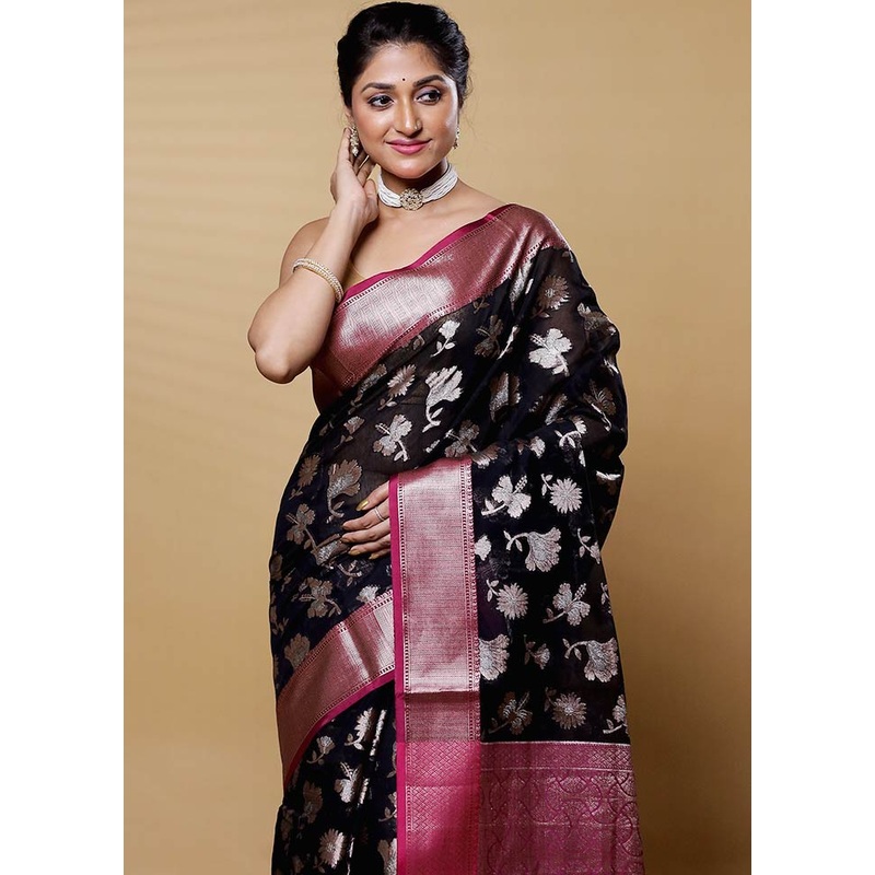 Black Kora Silk Saree With Blouse Piece - JD986612684
