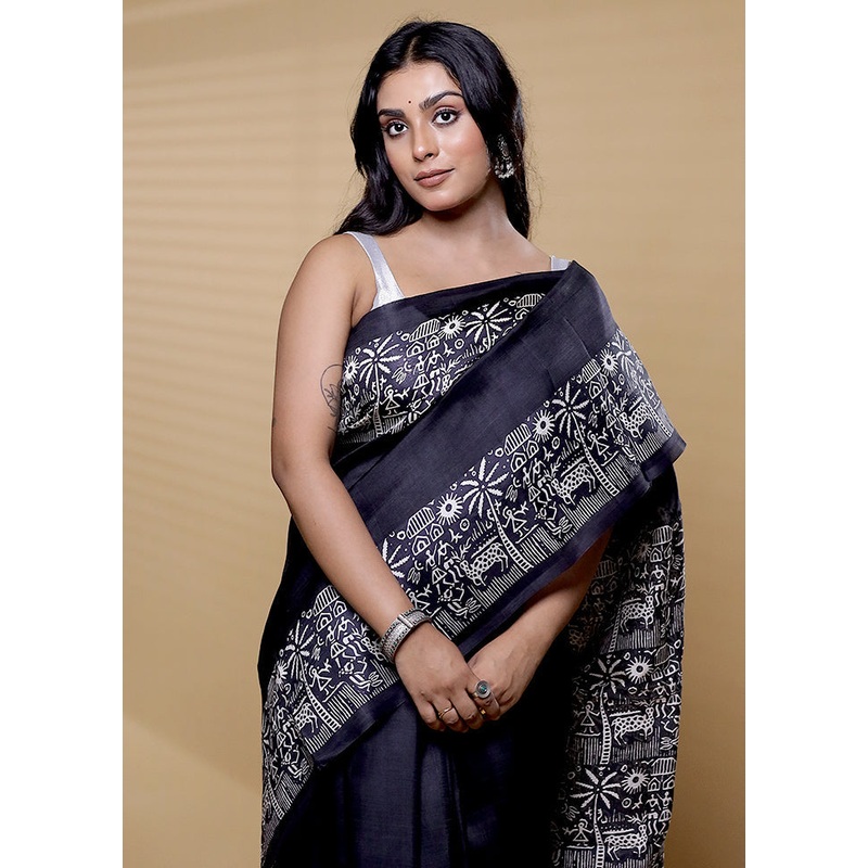 Black Printed Pure Silk Saree Without Blouse Piece - JD986612499