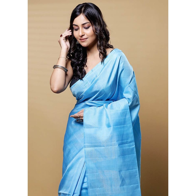Blue Handloom Kanchipuram Pure Silk Saree With Blouse Piece - JD986612683