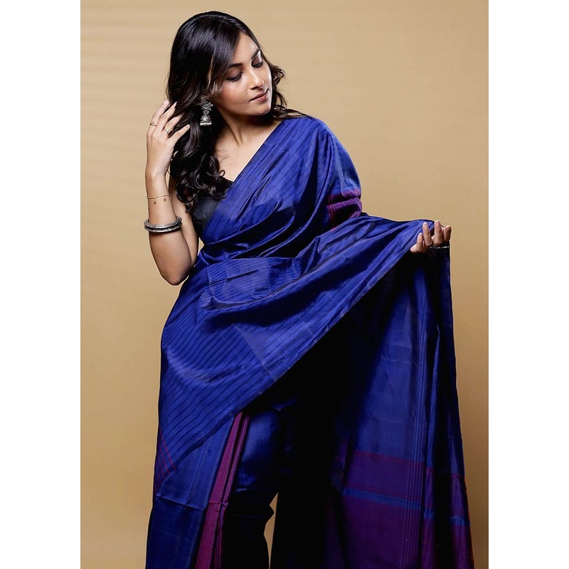 Blue Handloom Kanjivaram Pure Silk Saree With Blouse Piece - JD986612682