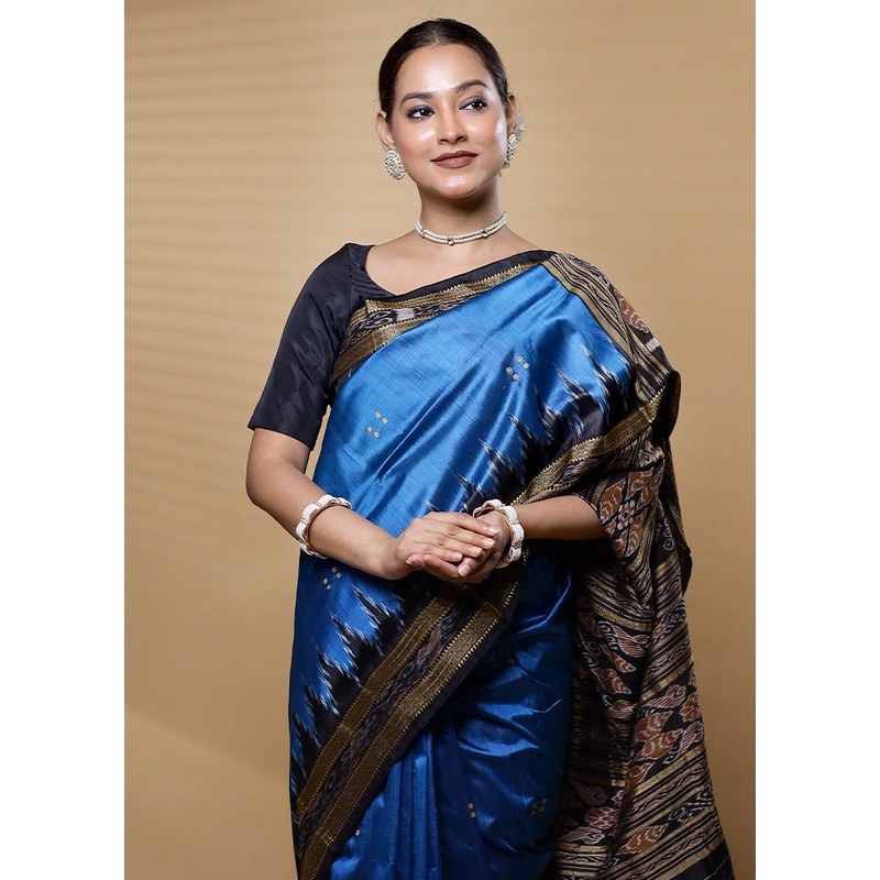 Blue Handloom Patola Pure Silk Saree With Blouse Piece - JD986612613