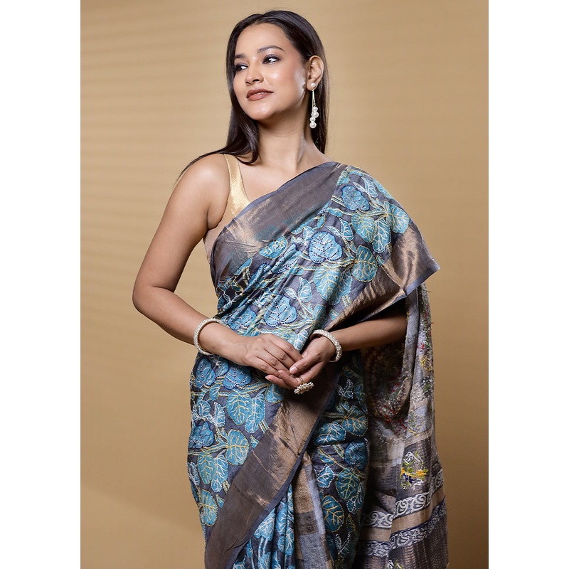 Blue Handloom Tussar Pure Silk Saree With Blouse Piece - JD986612610